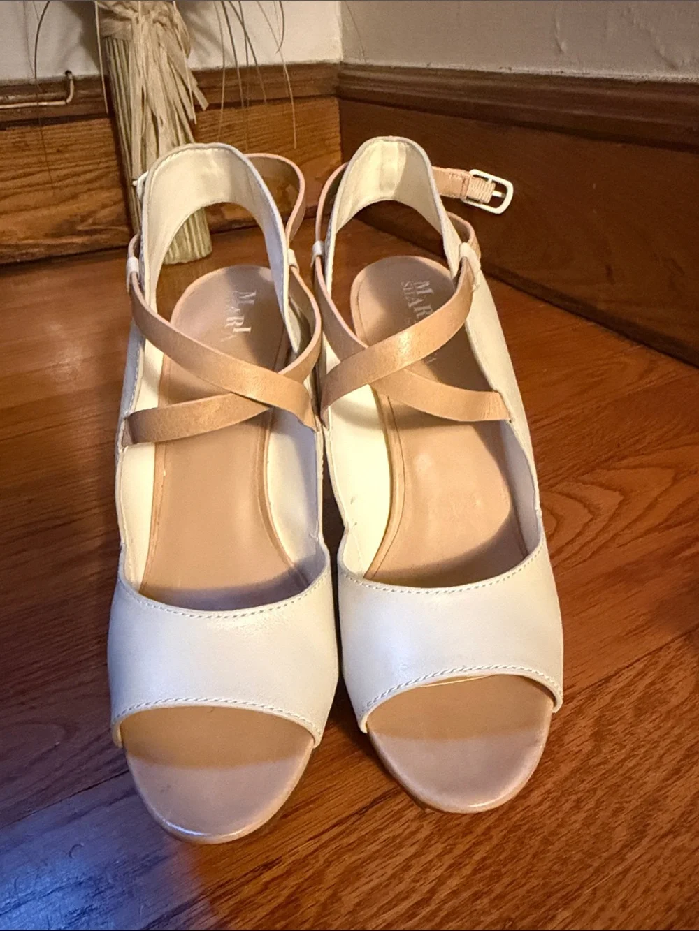 Cole Haan Cream Wedge Sandals with Tan Straps